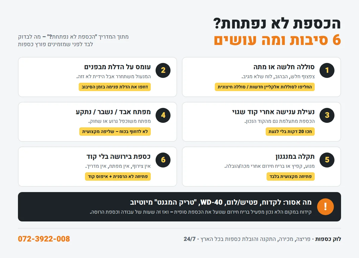 אינפוגרפיקה: הכספת לא נפתחת – 6 סיבות ומה עושים